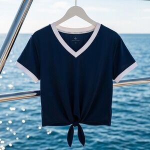 TuckerNuck M Sport Navy Knotty Performance Cropped Top Tie Front Athletic NEW